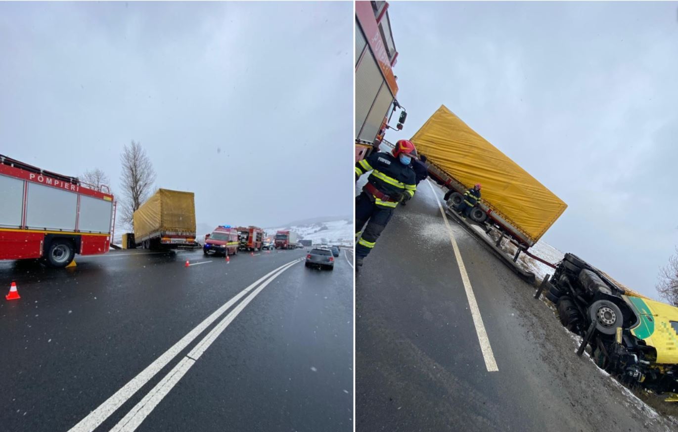 Un șofer a pierdut controlul volanului și s-a răsturnat cu TIR-ul în Căpușu Mare