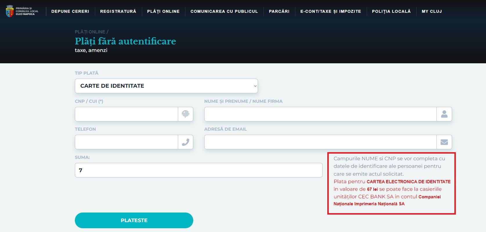 NU se mai poate plăti online taxa pentru buletine pe site-ul Primăriei Cluj! Trebuie să mergi FIZIC la o singură bancă