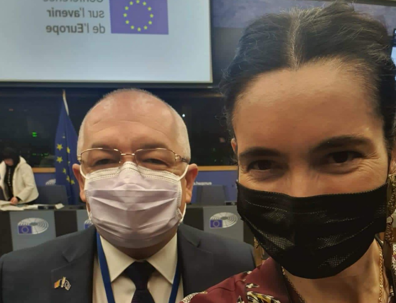 Emil Boc și Clotilde Armand la Conferința privind Viitorul Europei de la Strasbourg. Foto: Facebook/ Clotilde Armand.
