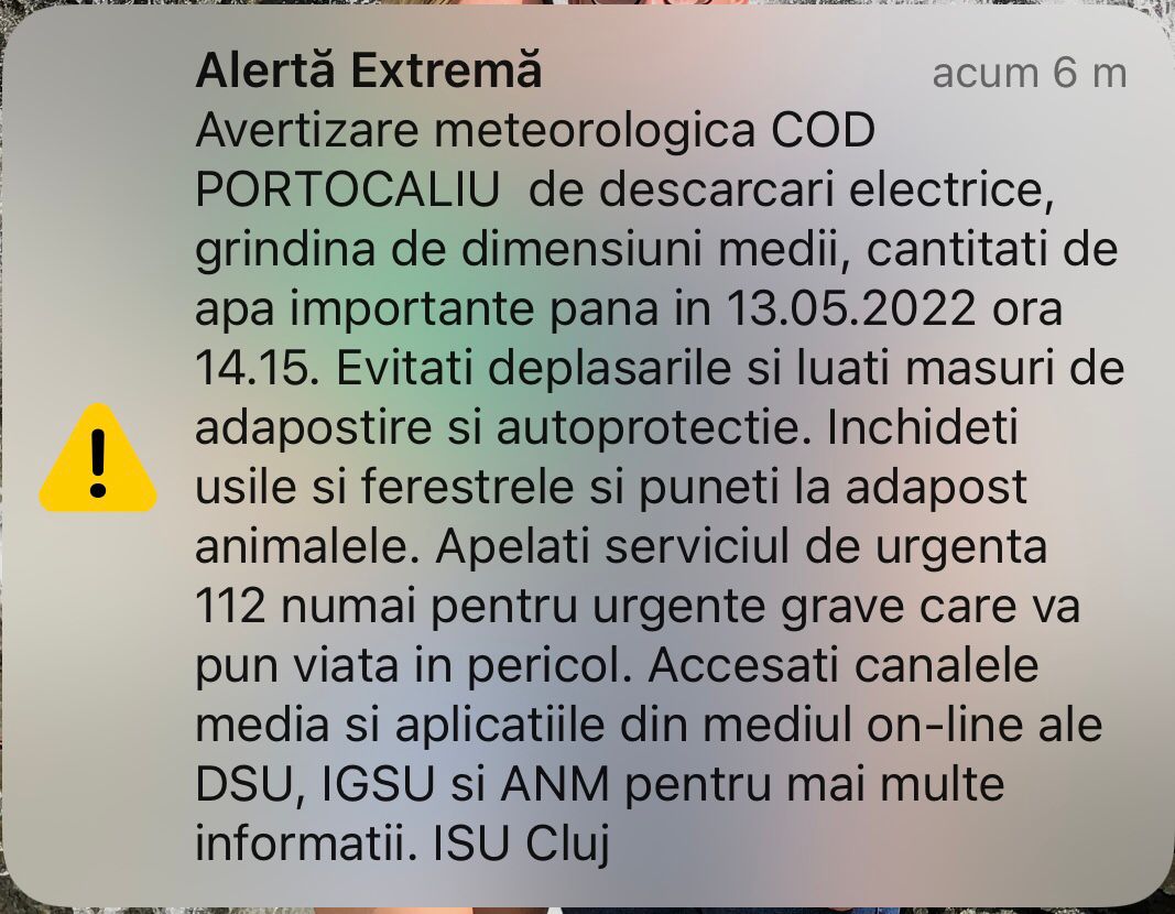 Mesajul de avertizare RO-ALERT/ FOTO: ISU Cluj