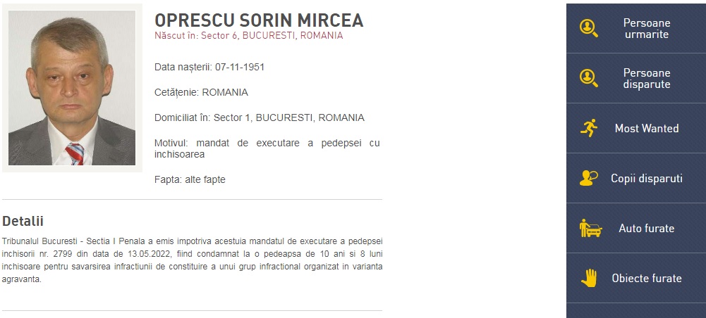 Sorin Oprescu a fost dat în urmărire generală. FOTO: Poliția Română