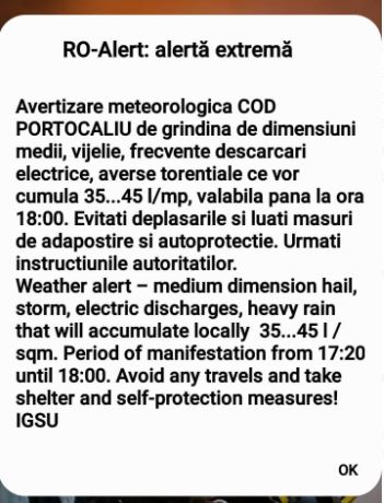 Încă un mesaj RO-Alert de COD PORTOCALIU de furtună