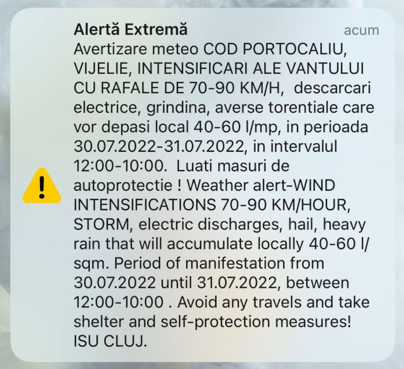 Mesaje Ro-Alert pentru toți locuitorii din județul Cluj! / Foto: monitorulcj.ro