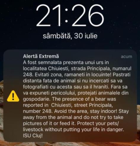 Mesaj Ro-Alert în Chiuiești