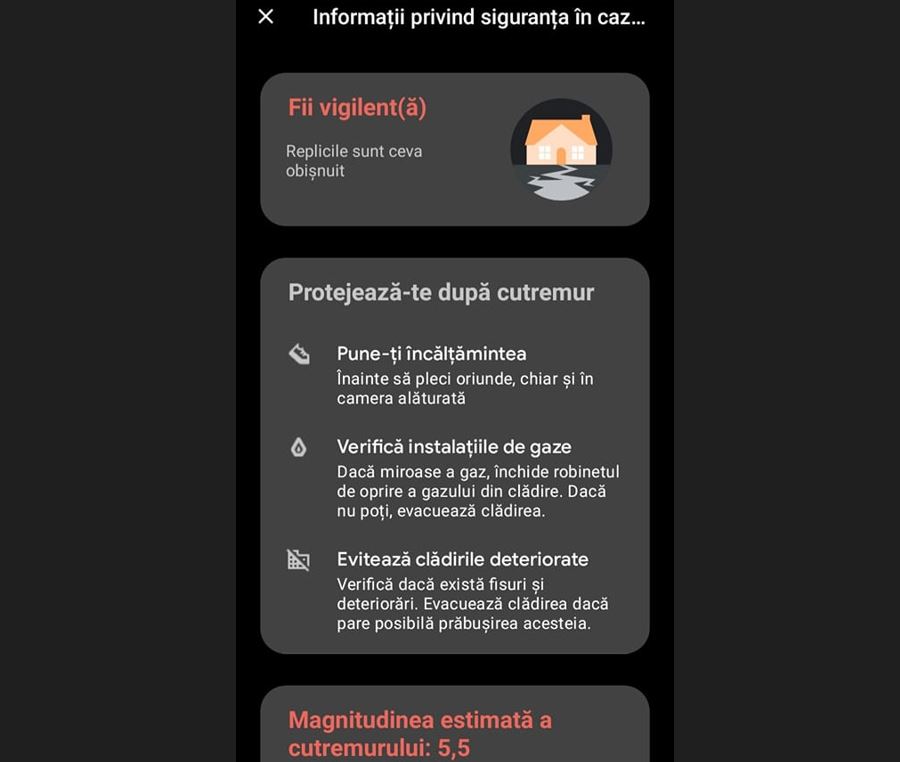 Mesaj de atenționare privind cutremurul din Vrancea pentru utilizatorii de telefoane Android / Foto: Facebook