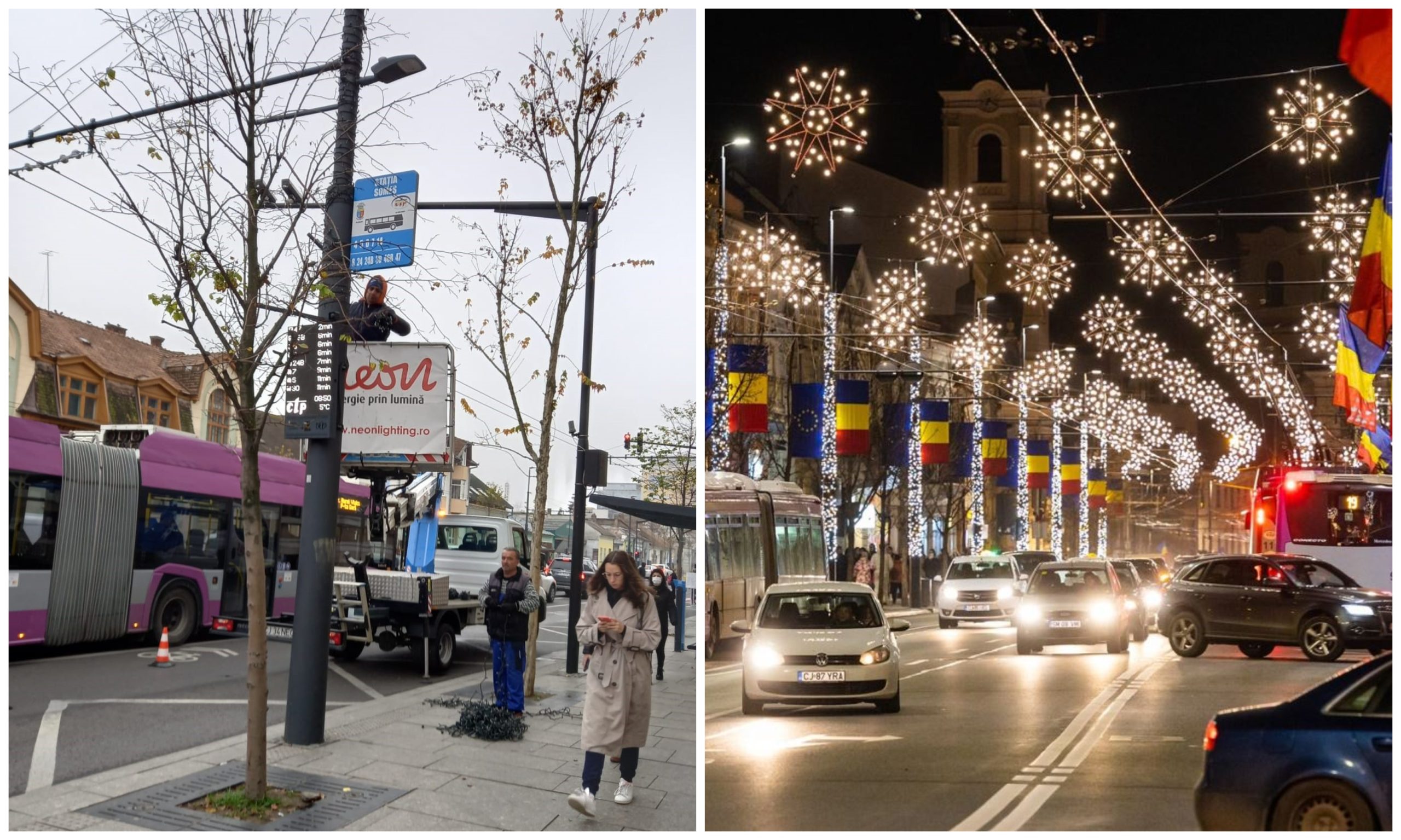 Se instalează iluminatul festiv. FOTO 1: Monitorul de Cluj; FOTO 2: Facebok/ Municipiul Cluj-Napoca