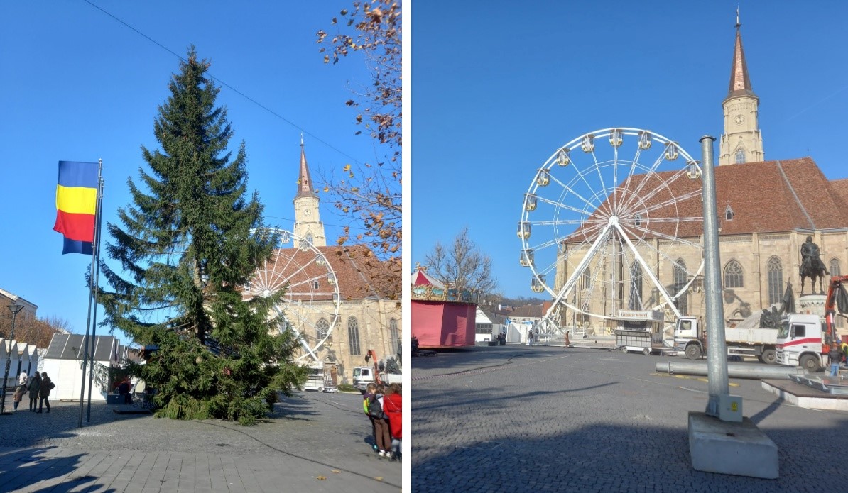 Roata panoramică și bradul au ajuns în centrul orașului/ FOTO: monitorulcj.ro