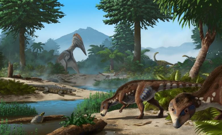 Locuitorii Insulei Hațeg din Cretacic. Transylvanosaurus (în față