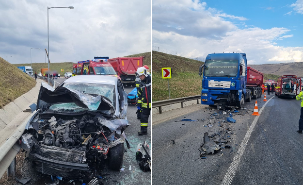 Mașina și TIR-ul implicate în accidentul de pe A3