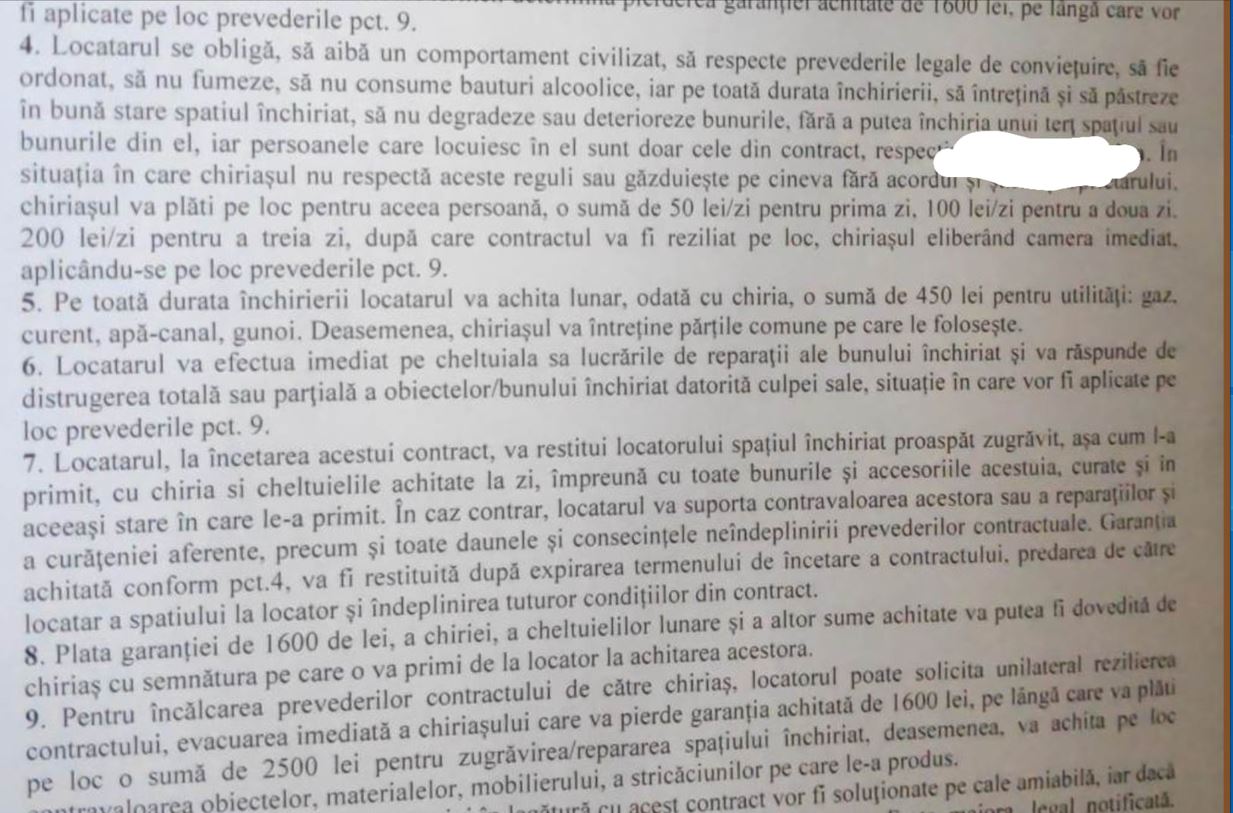 Condițiile incluse în contractul de închiriere a apartamentului de un proprietar din Cluj / Foto: grup de Facebook pentru locuitorii din Cluj
