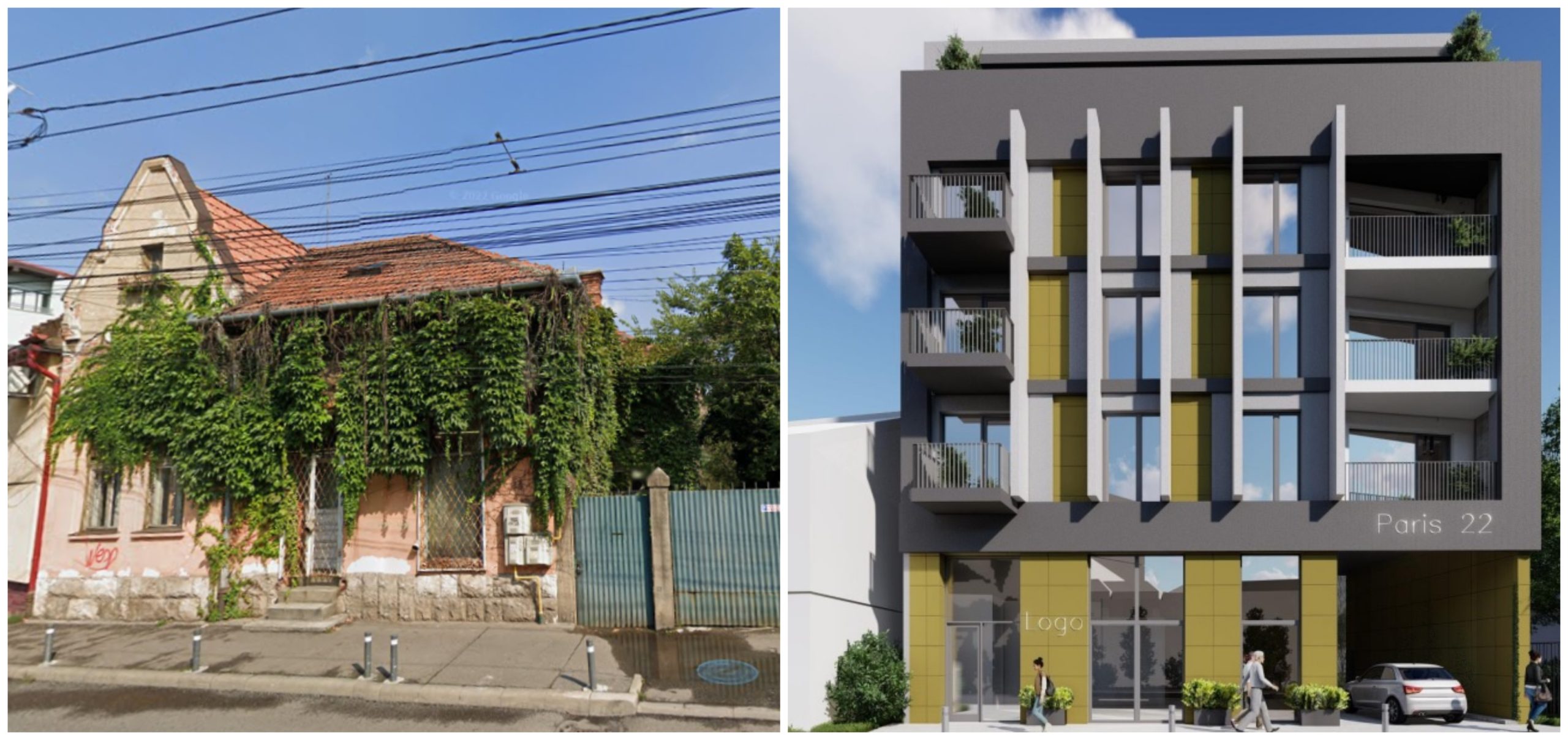 Imobil actual pe Paris 22 (Foto: Google Maps) vs. imobil propus pe acest teren (Foto: proiect tehnic)