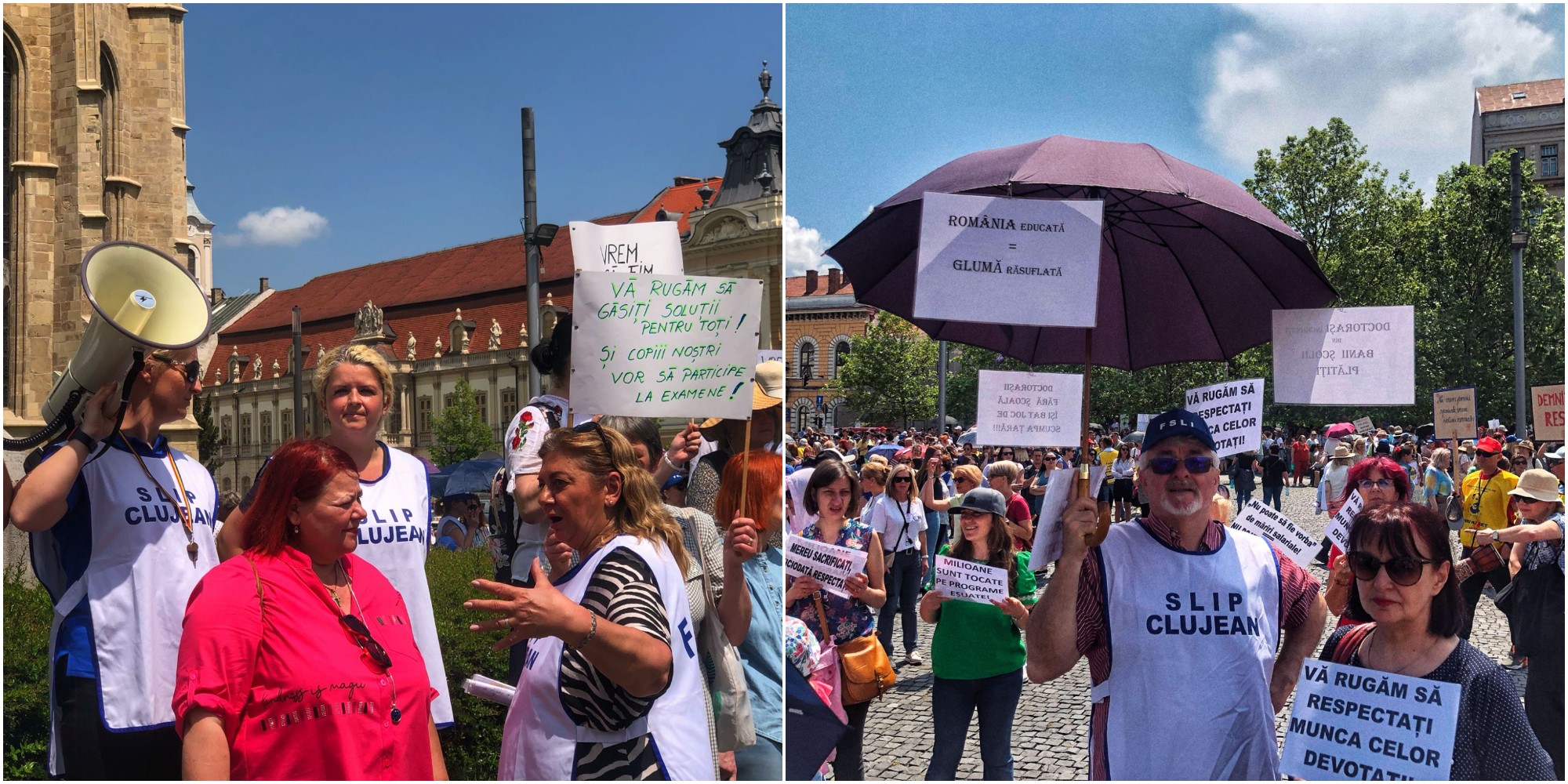 Poza 1 - lideri sindicali FSLI și Sindicat UBB / Foto 2 - profesori protestatari în Piața Unirii - 30.05.2023 / Foto: monitorulcj.ro - Carmen Lucuț