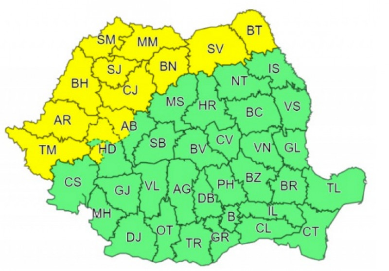 Meteorologii au emis o atenționare cod galben pentru 12 județe din România