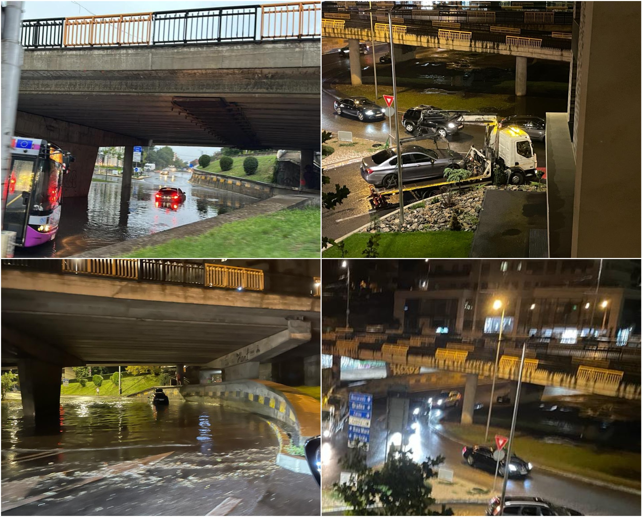 Trei mașini blocate în apă sub podul din Mărăști / Foto: Info Trafic Cluj-Napoca + monitorulcj.ro