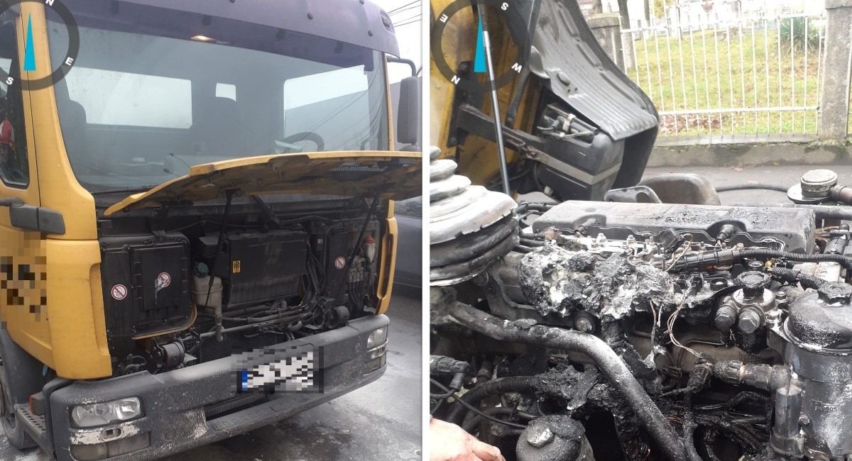 Un camion care transporta două mașini pe platformă a fost cuprins de flăcări în Turda