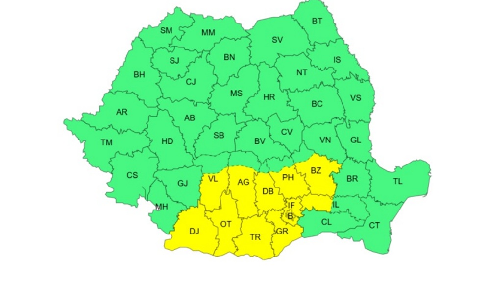 ANM a emis Cod galben de vânt pentru 19 județe și București