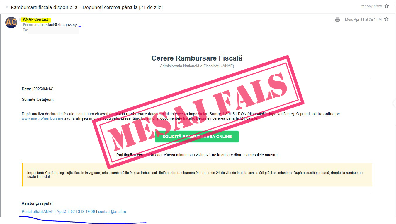 Agenția Națională de Administrare Fiscală atenționează contribuabilii cu privire la o nouă campanie de emailuri false (email spoofing) transmise în numele instituției| Foto: Agenția Națională de Administrare Fiscală - Facebook