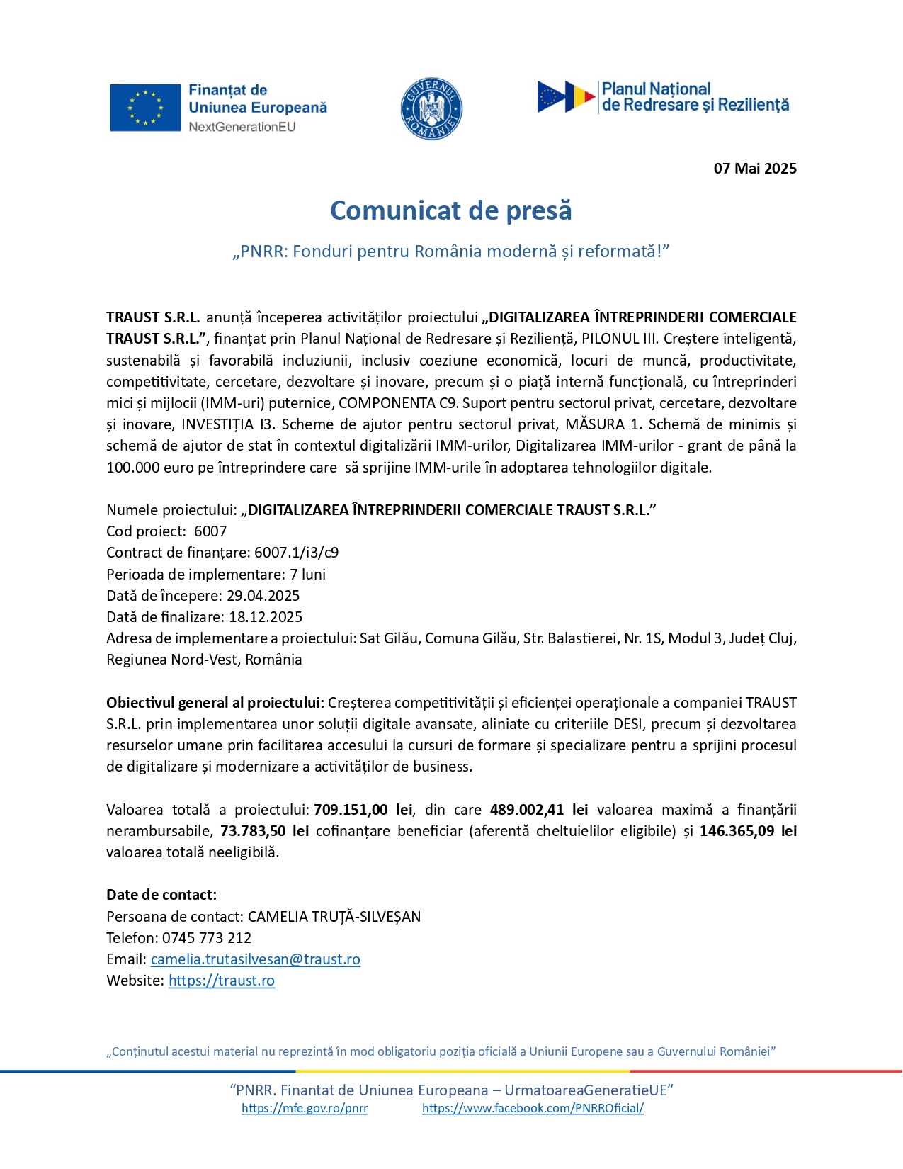 Comunicat de presă – TRAUST S.R.L. anunță începerea activităților proiectului „DIGITALIZAREA ÎNTREPRINDERII COMERCIALE TRAUST S.R.L.”,