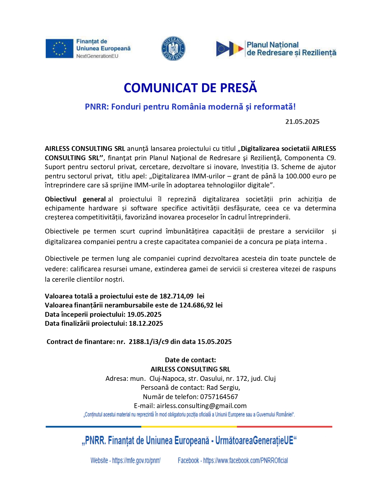 Comunicat de presă – AIRLESS CONSULTING SRL anunţă lansarea proiectului cu titlul „Digitalizarea societății AIRLESS CONSULTING SRL’’