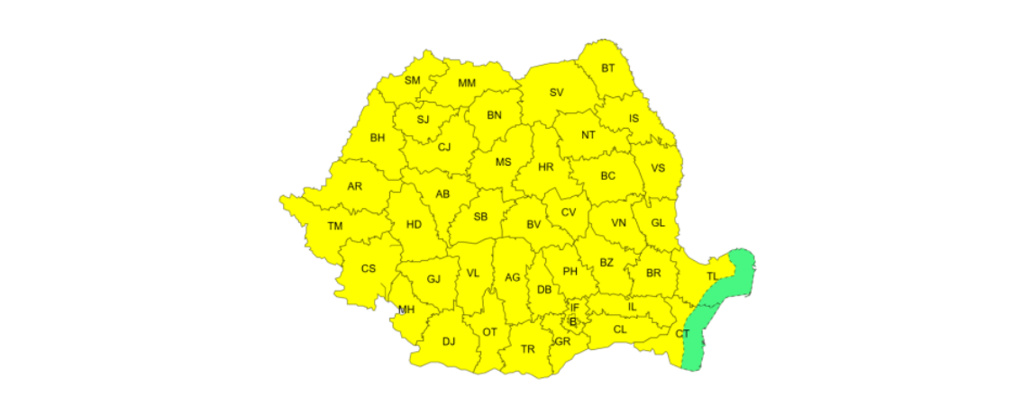 România se află sub Cod galben pentru ploi torențiale și vijelii. Foto: captură ANM