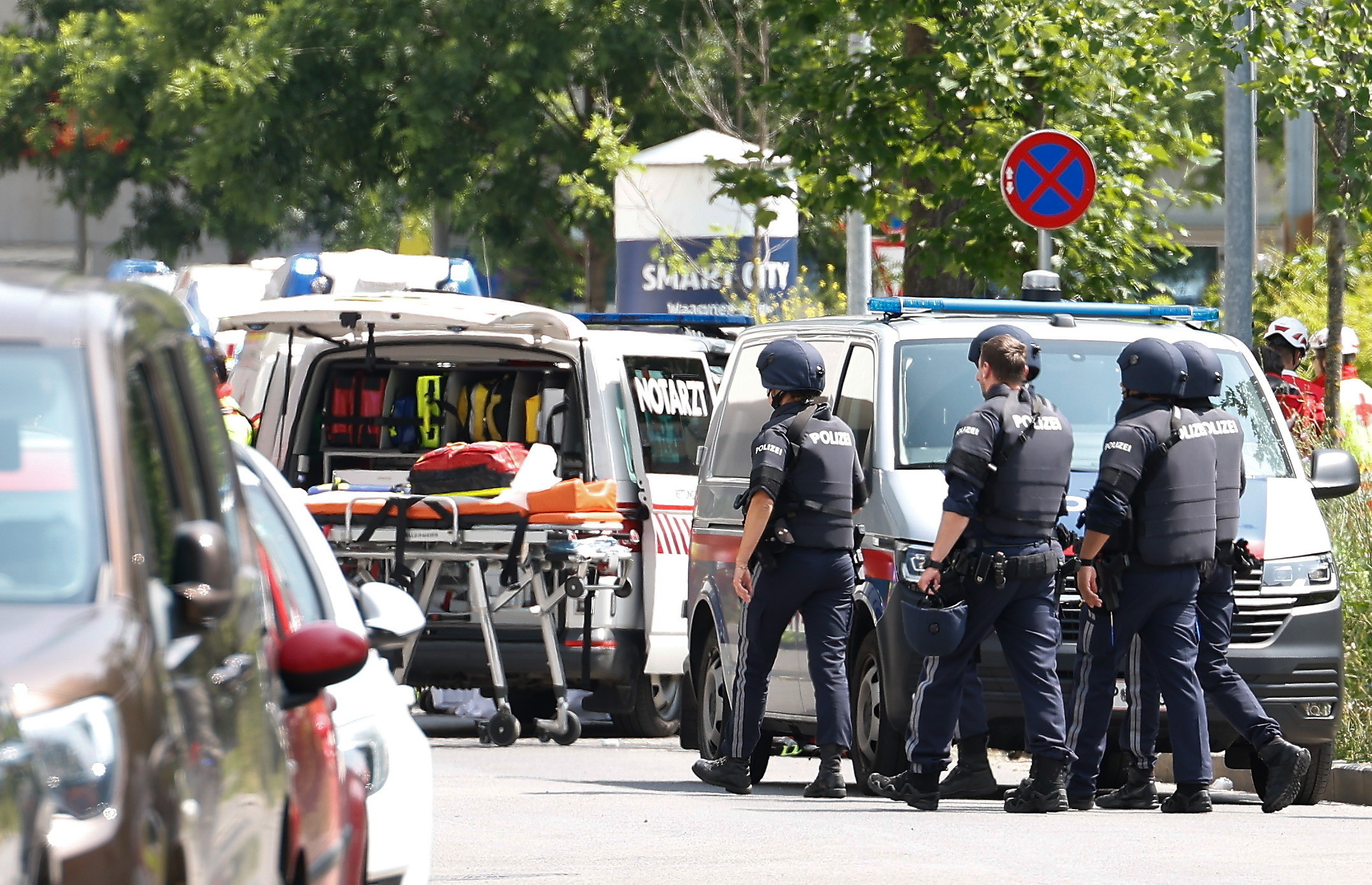 Polițiști și personal medical în fața liceului Dreierschützengasse