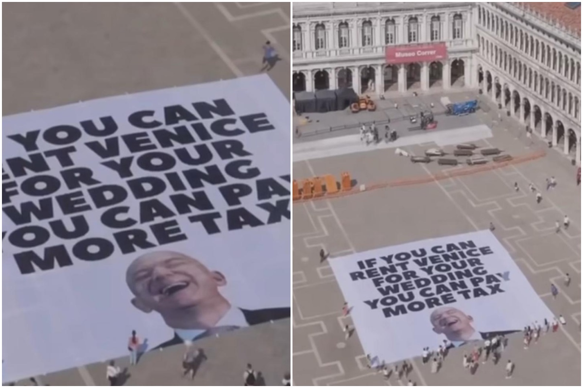 Activiști de la Greenpeace Italy și de la organizația britanică „Everyone hates Elon” (Musk) au desfășurat un banner uriaș în Piața San Marco pe care se află o fotografie a lui Jeff Bezos râzând