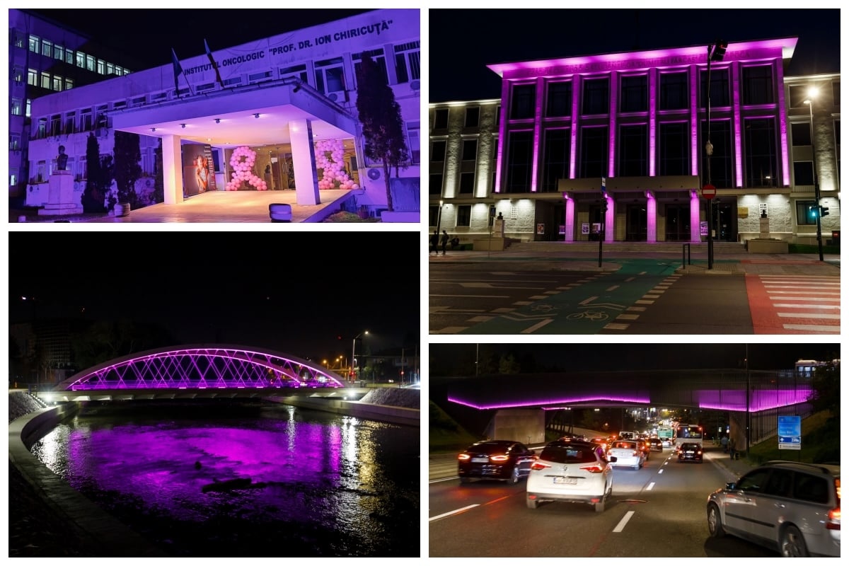 Mai multe clădiri și poduri din Cluj-Napoca au fost ilimunate simbilic cu roz cu ocazia Zilei Mondiale împotriva cancerului la sân | Foto: Facebook