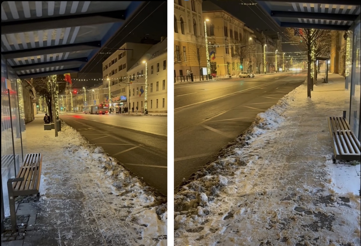 Zăpadă în fața stației Victoria din Cluj-Napoca