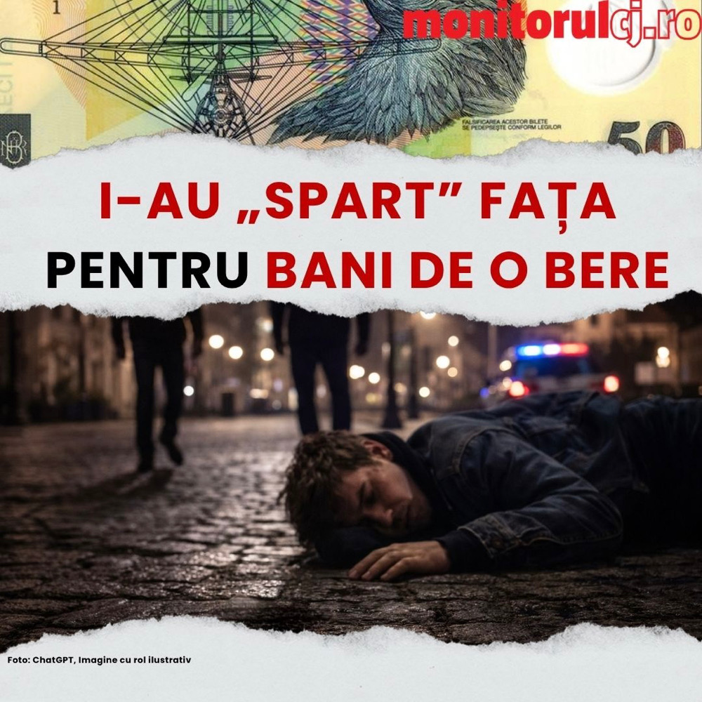 Tânăr bătut în centrul Clujului pentru 45 de lei. | Imagine generată cu ajutorul AI
