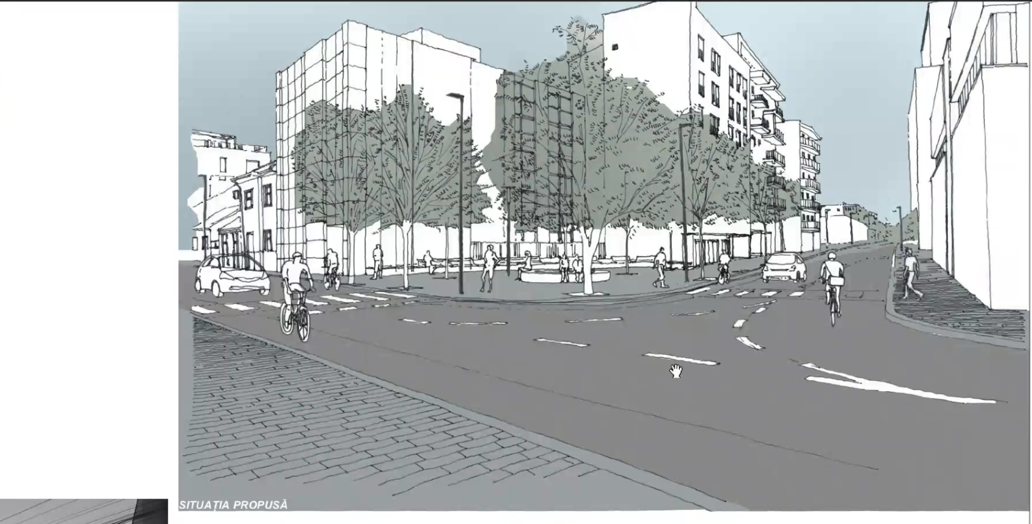 Randare prezentată în cadrul ședinței CTATU care ilustrează transformarea intersecției străzilor Paris și Gheorghe Lazăr. Proiectul prevede trotuare mai generoase