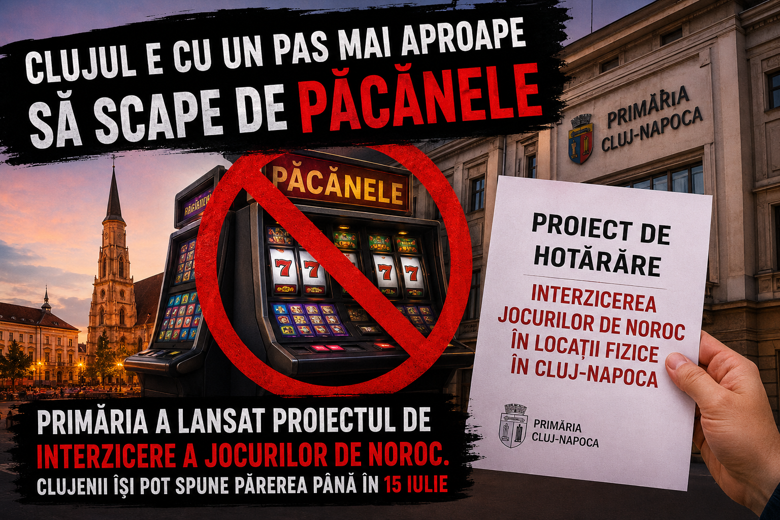 Primăria Cluj-Napoca vrea să interzică jocurile de noroc în locațiile fizice din oraș și a lansat proiectul în consultare publică.  | Imagine generată cu ajutorul AI
