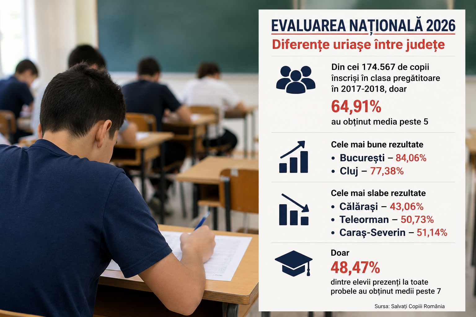 Rezultatele Evaluării Naționale 2026 evidențiază discrepanțe majore între județele României. | Foto: Imagine generată cu ajutorul AI