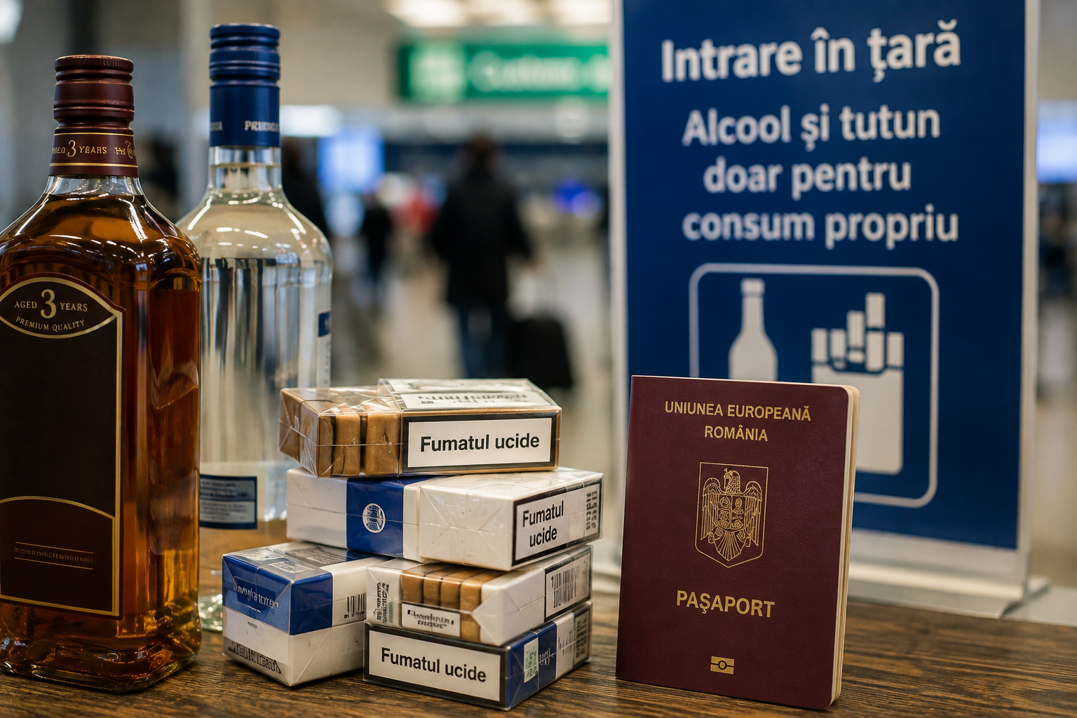 Românii care intră în țară cu alcool și produse din tutun achiziționate din alte state ale Uniunii Europene vor fi nevoiți să respecte reguli mai stricte. | Imagine generată cu ajutorul AI