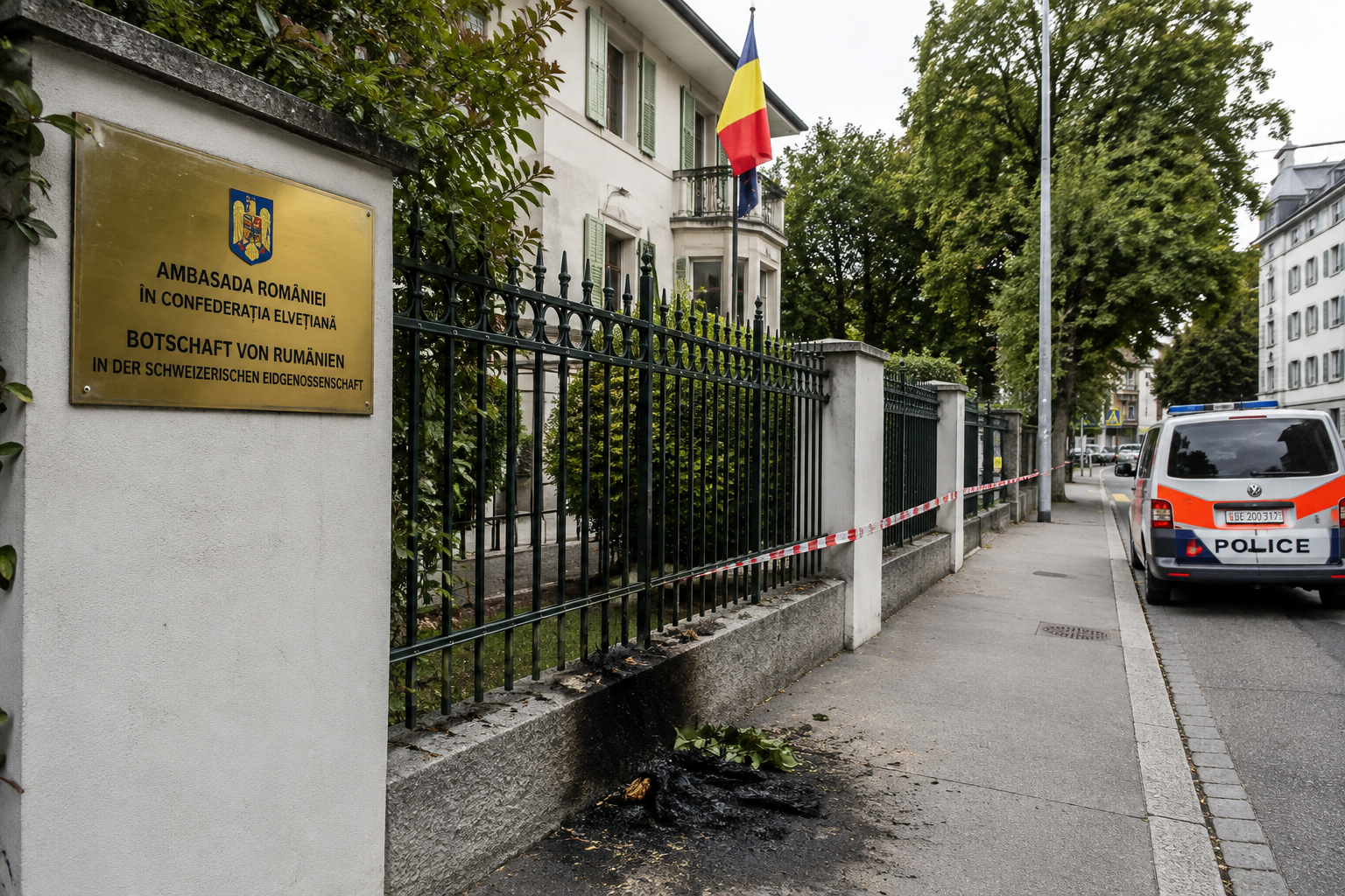 Un dispozitiv incendiar improvizat a fost plasat lângă gardul Ambasadei României din Elveția