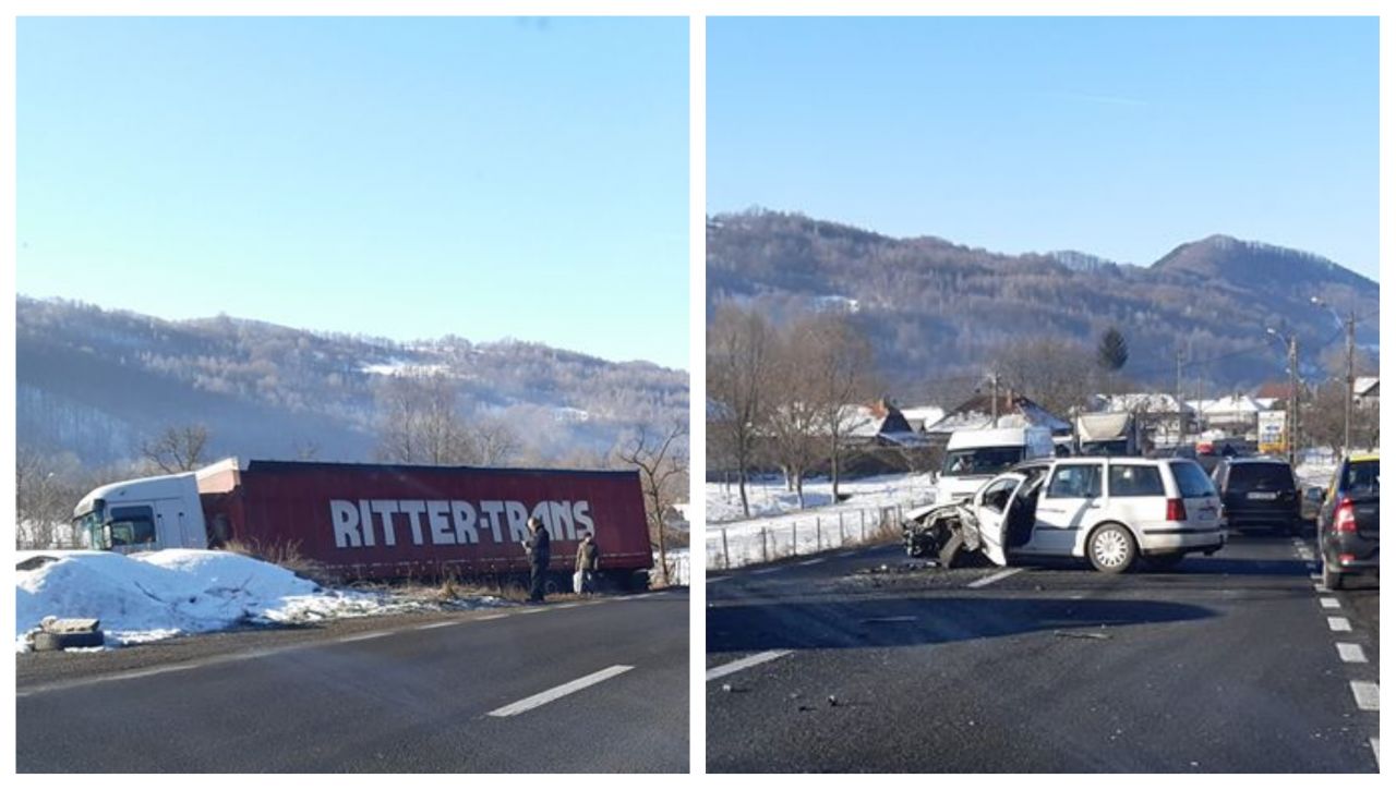 ACCIDENT Un TIR a ajuns în câmp la Bucea din cauza unui șofer neatent