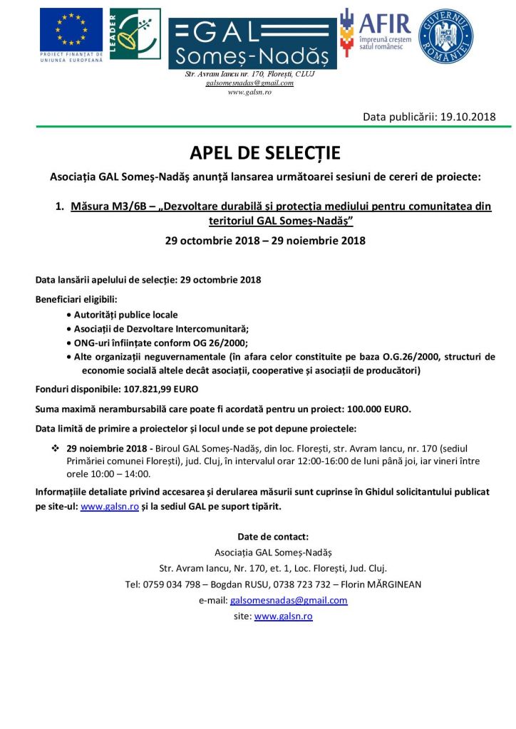 Asociația GAL Someș-Nadăș anunță lansarea următoarei sesiuni de cereri de proiecte