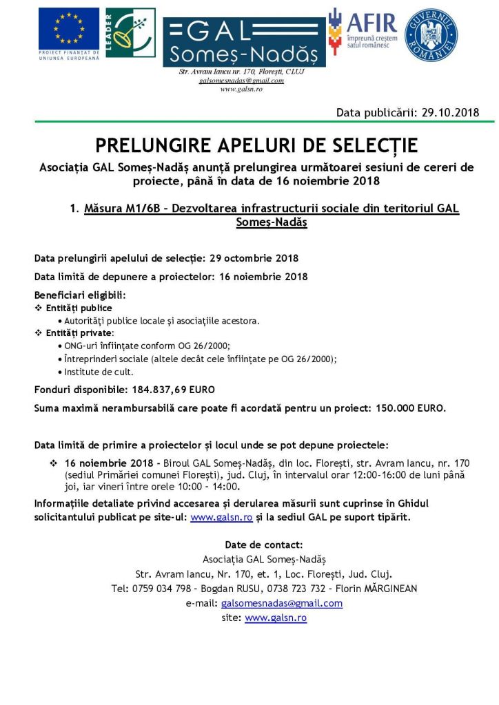 Asociația GAL Someș-Nadăș anunță prelungirea următoarei sesiuni de cereri de proiecte