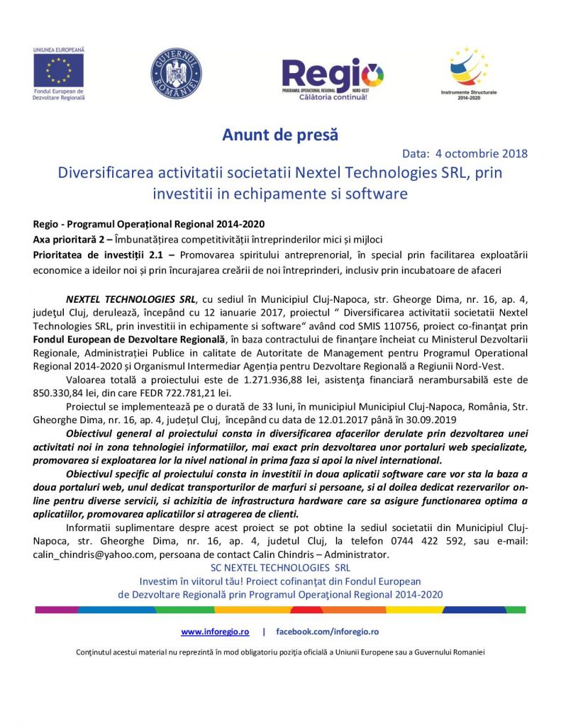 Anunț de presă –  Diversificarea activității societății Nextel Technologies SRL, prin investiții în echipamente și software