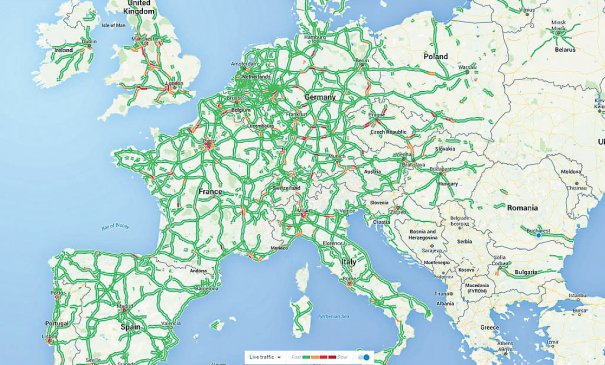 Cu verde este creionată reţeaua de autostrăzi care traversează ţările dezvoltate din Europa. În România