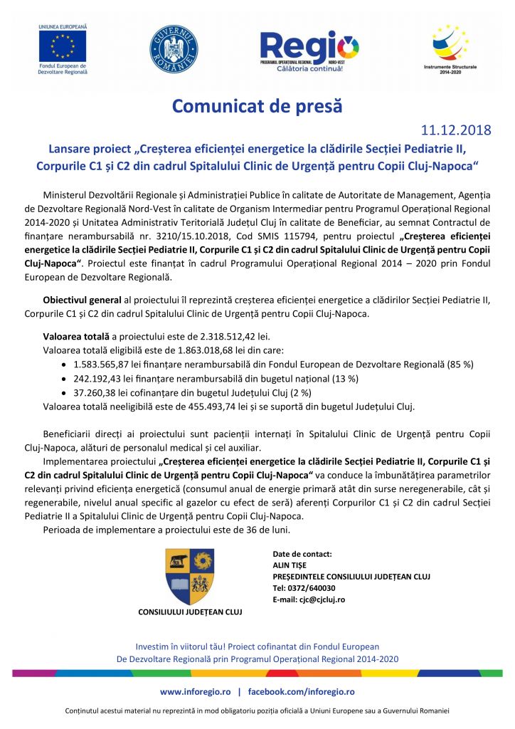 Comunicat de presă –  Lansare proiect „Creșterea eficienței energetice la clădirile Secției Pediatrie II, Corpurile C1 și C2 din cadrul Spitalului Clinic de Urgență pentru Copii Cluj-Napoca“