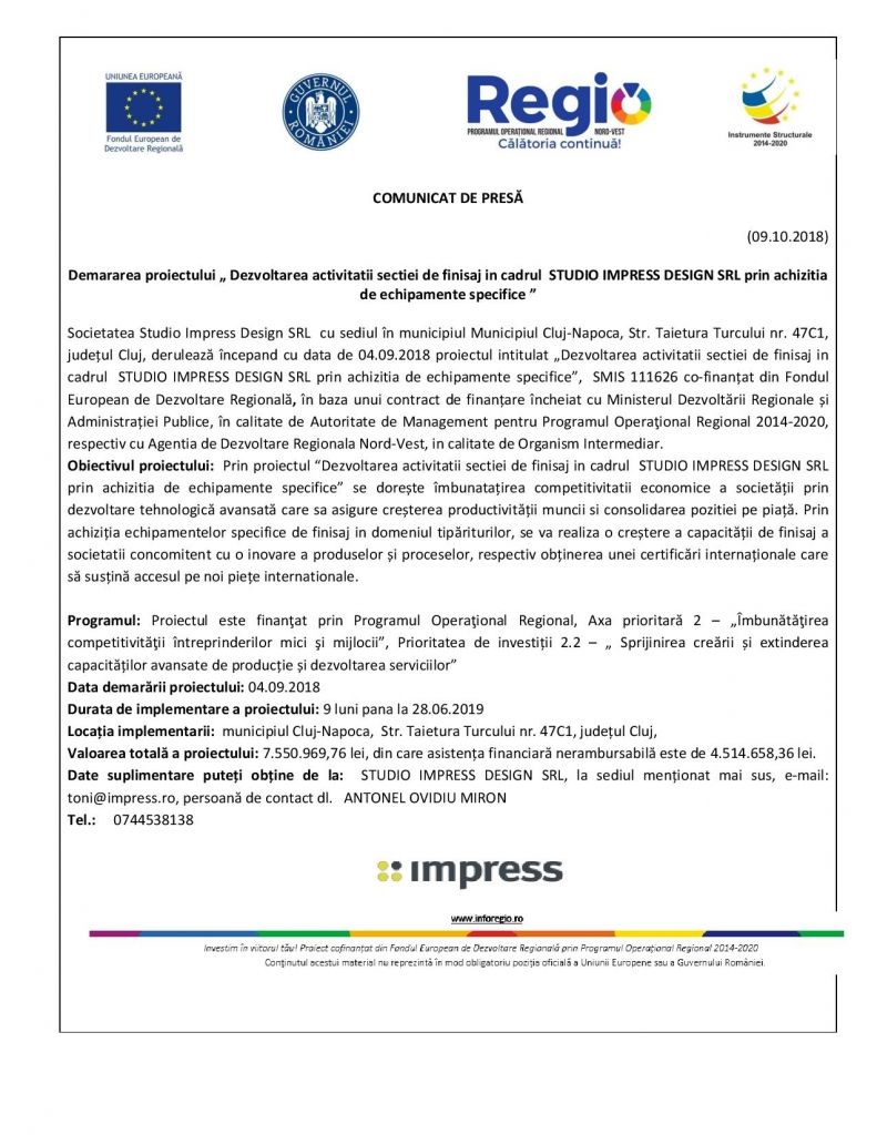 COMUNICAT DE PRESĂ – Demararea proiectului „ Dezvoltarea activității secției de finisaj în cadrul  STUDIO IMPRESS DESIGN SRL prin achiziția de echipamente specifice ”