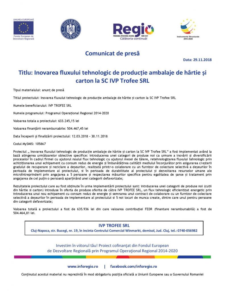 Comunicat de presă  – Inovarea fluxului tehnologic de producție ambalaje de hârtie și carton la SC IVP Trofee SRL