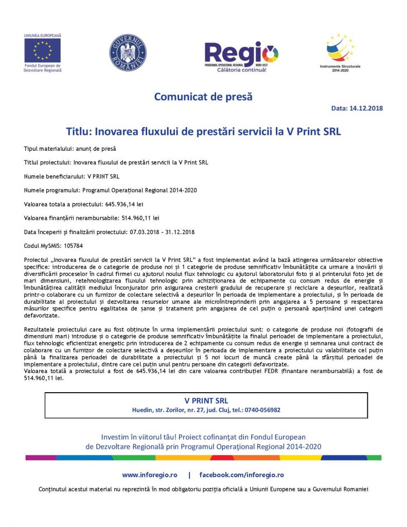 Comunicat de presă – Titlu: Inovarea fluxului de prestări servicii la V Print SRL