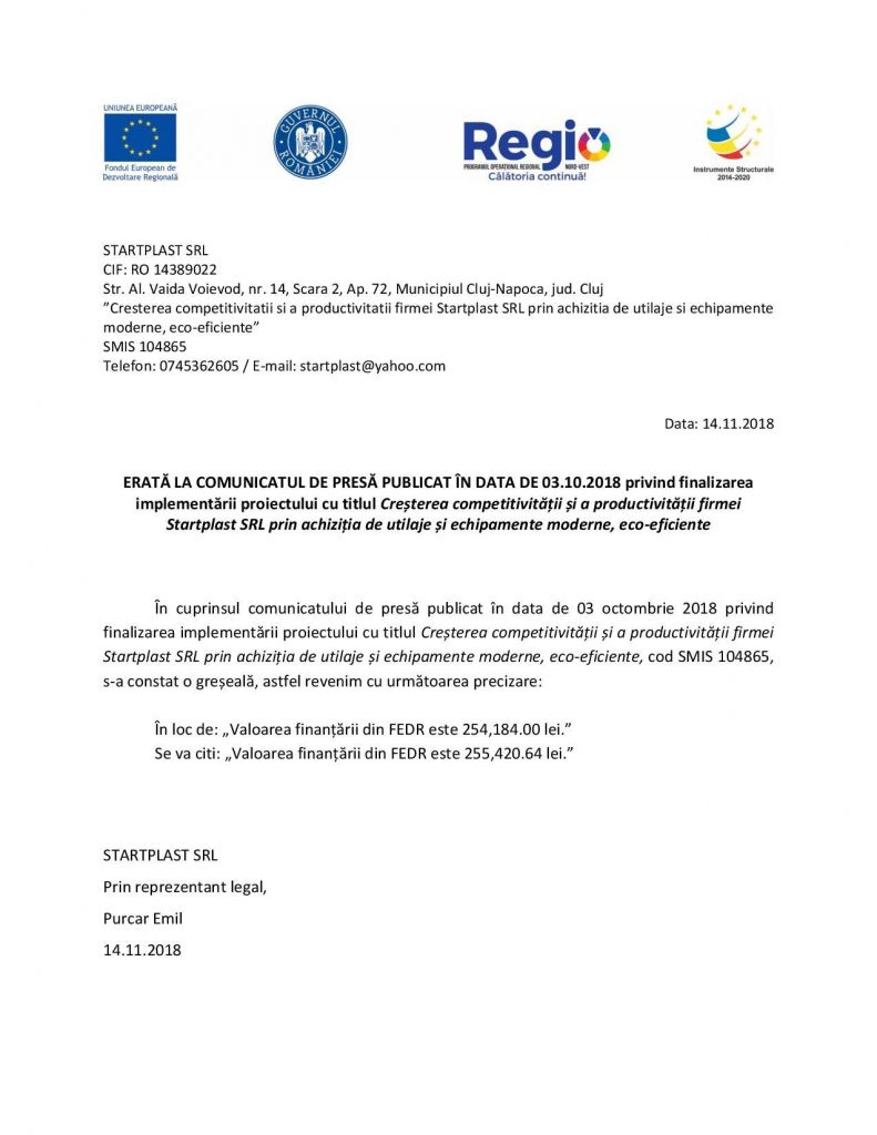 STARTPLAST SRL – ERATĂ LA COMUNICATUL DE PRESĂ PUBLICAT ÎN DATA DE 03.10.2018