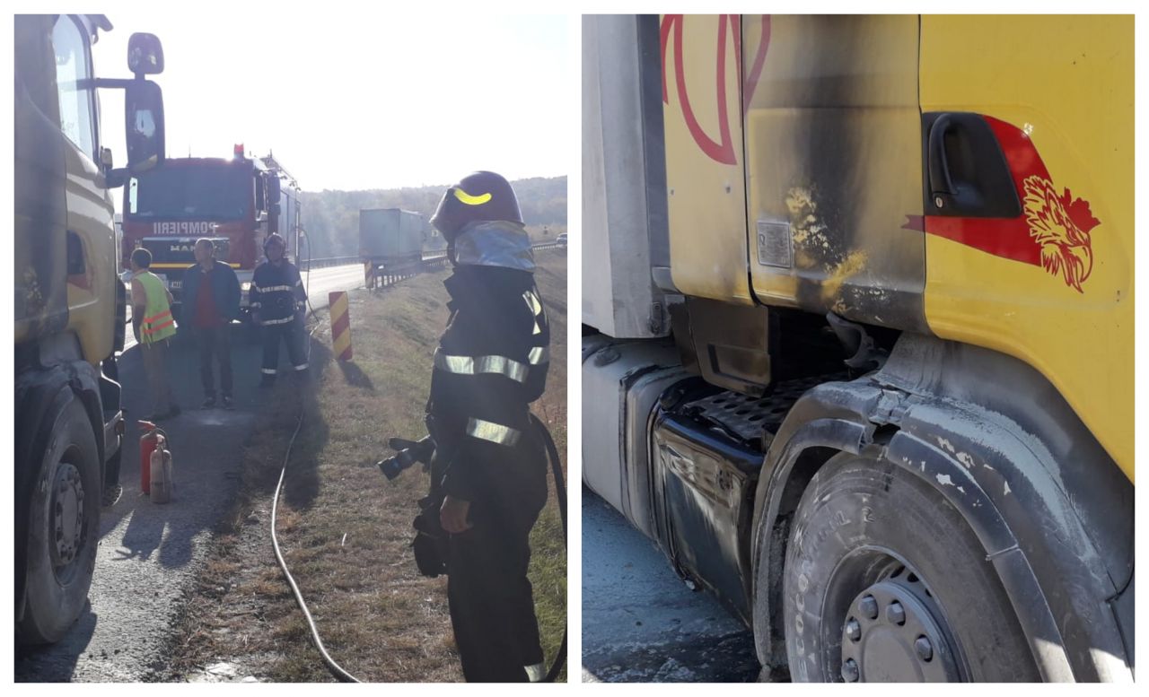 Un camion încărcat cu rumeguș și crengi a luat foc pe centura Apahida-Vâlcele