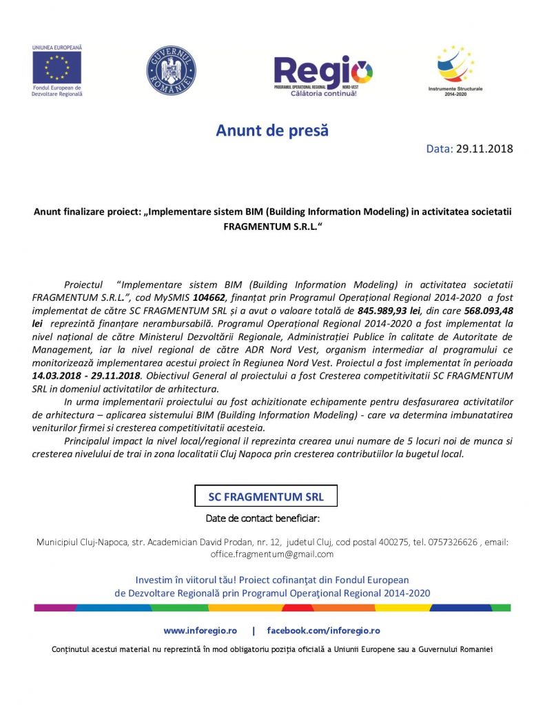 Anunț de presă – Anunț finalizare proiect: „Implementare sistem BIM (Building Information Modeling) în activitatea societății FRAGMENTUM S.R.L.“
