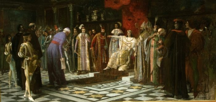 O pictură a Regelui Ungariei Matei Corvin în timpul unor audiențe