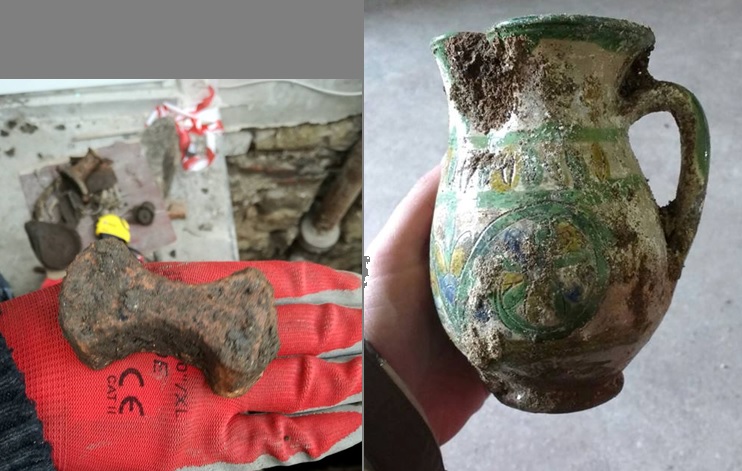 Pişcot de paviment roman (în stânga) și un vas de secol XVIII