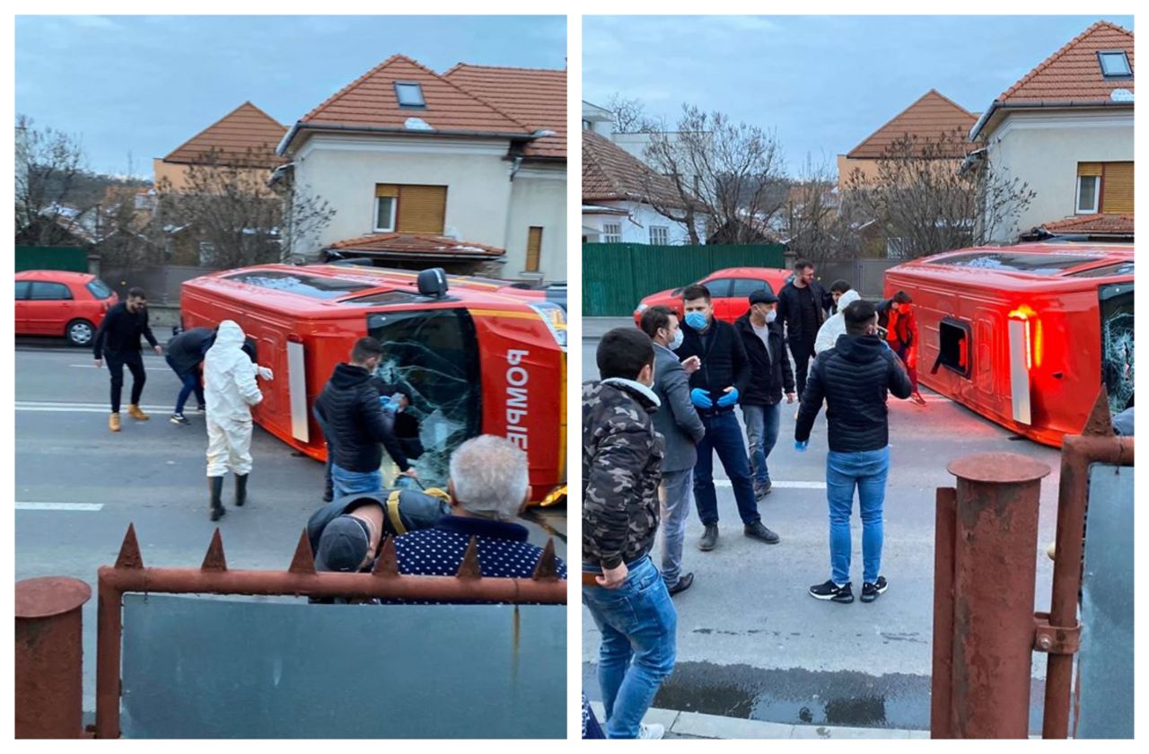 Echipaj SMURD răsturnat pe strada G. Garibaldi. Transporta români proaspăt reveniți din Franța!